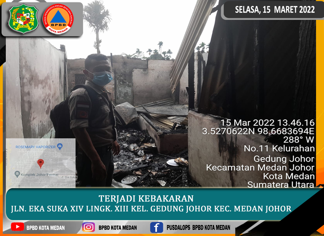 Terjadi kebakaran pada pukul 12.25 WIB di Jln. Eka Suka XIV Lingk. XIII Kel. Gedung Johor Kec. Medan Johor.
