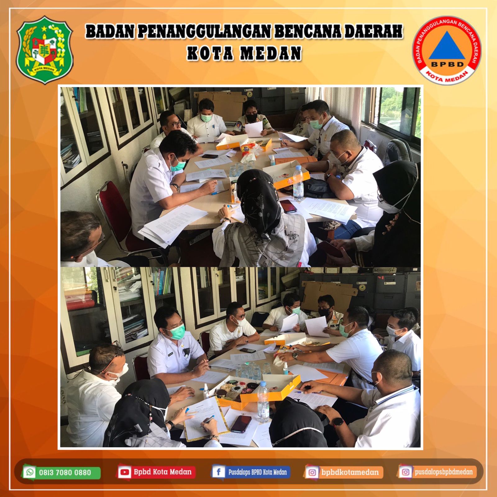 Kabid Rehabilitasi & Rekonstruksi BPBD Kota Medan Ananda Sulung Parlaungan, S.STP memimpin Rapat di Ruangan Bagian Hukum Kantor Kota.