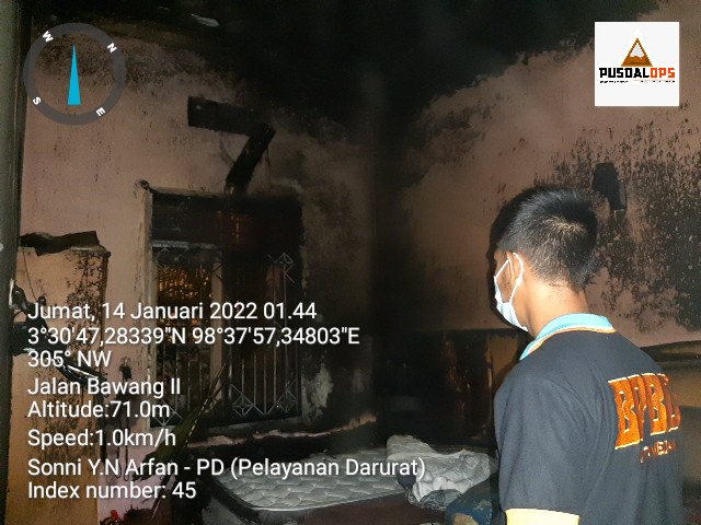 Terjadi kebakaran pada pukul 01.05 WIB di Jl. Bawang I Lingk.15 Perumnas Simalingkar Kel.Mangga Kec.Medan Tuntungan.